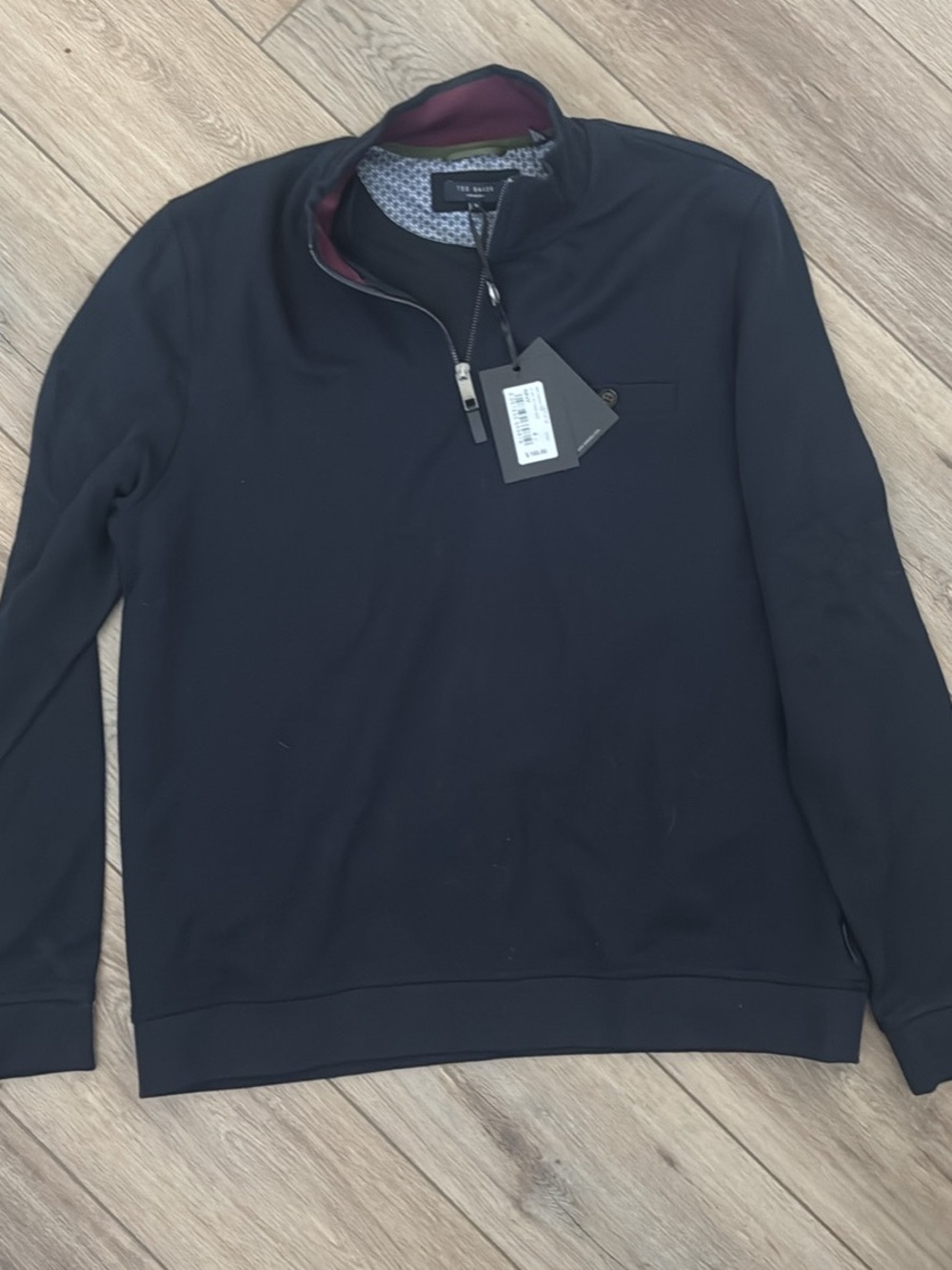 Ted Baker Men's Black Zip-Neck Sweater with Burgundy Collar Accent